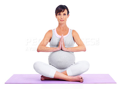 Buy stock photo Portrait, pregnant woman and meditate in studio for relax, peace and exercise for belly or tummy. Female person, maternity and happy on white background yoga, health and wellness with casual outfit