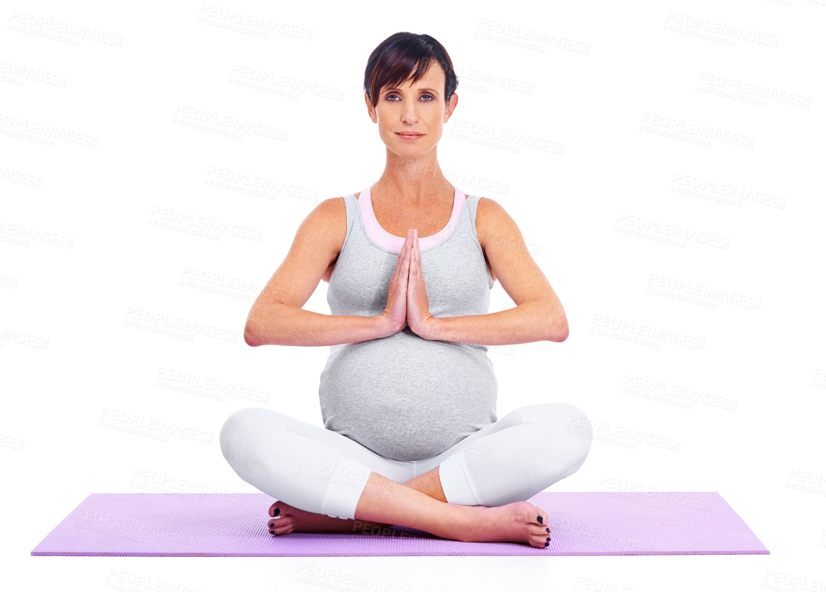 Buy stock photo Portrait, pregnant woman and meditate in studio for relax, peace and exercise for belly or tummy. Female person, maternity and happy on white background yoga, health and wellness with casual outfit