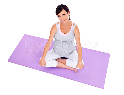 Buy stock photo Pregnant, woman and portrait with yoga mat for wellness, exercise and pilates in isolated white background. Pregnancy, fitness pad and face of model in studio for health, workout and prenatal care.