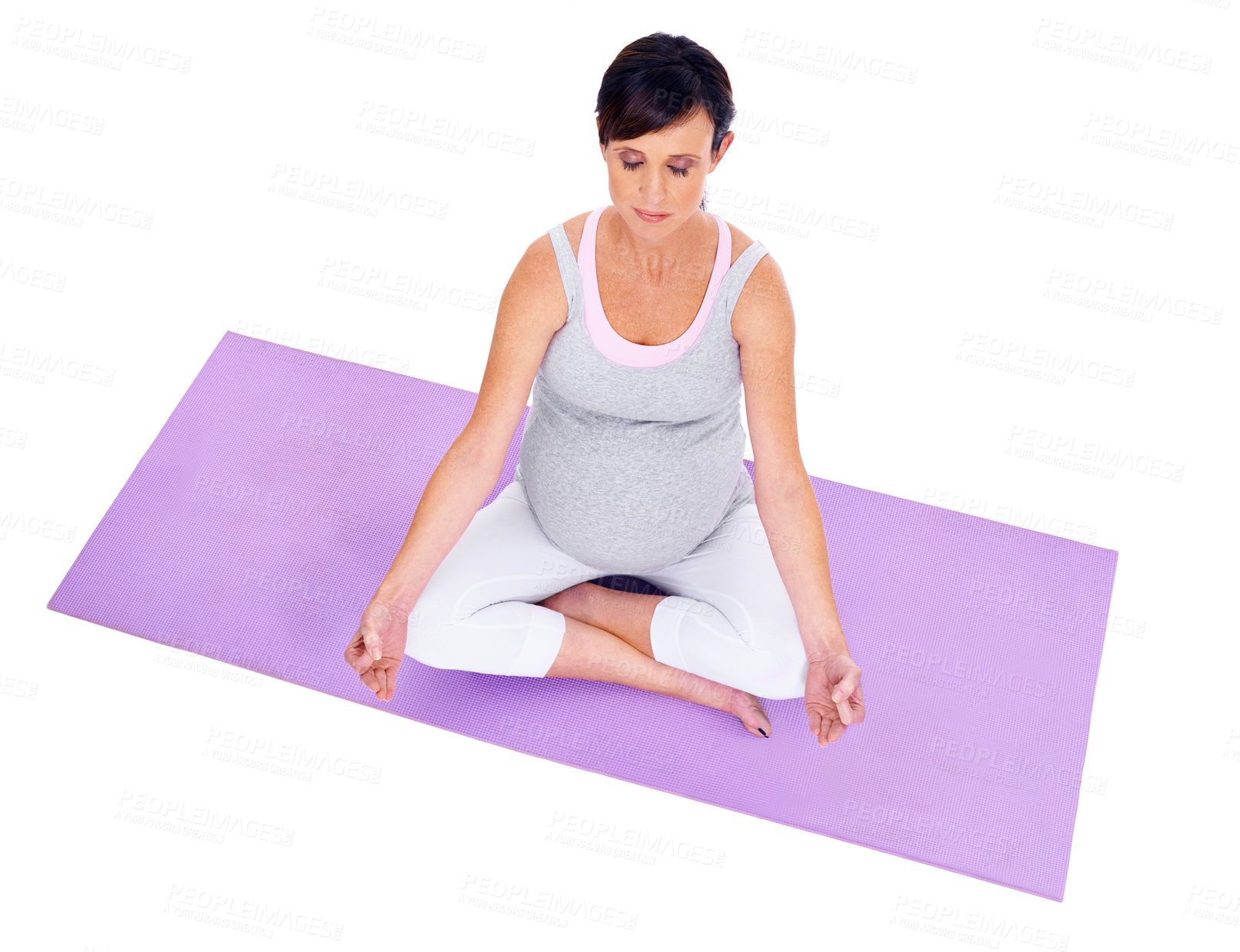 Buy stock photo Mother, studio and yoga with meditation, pregnant and calm for health and wellness. Woman, zen and spirituality with stress relieve, balance and rest for happiness and maternity on white background