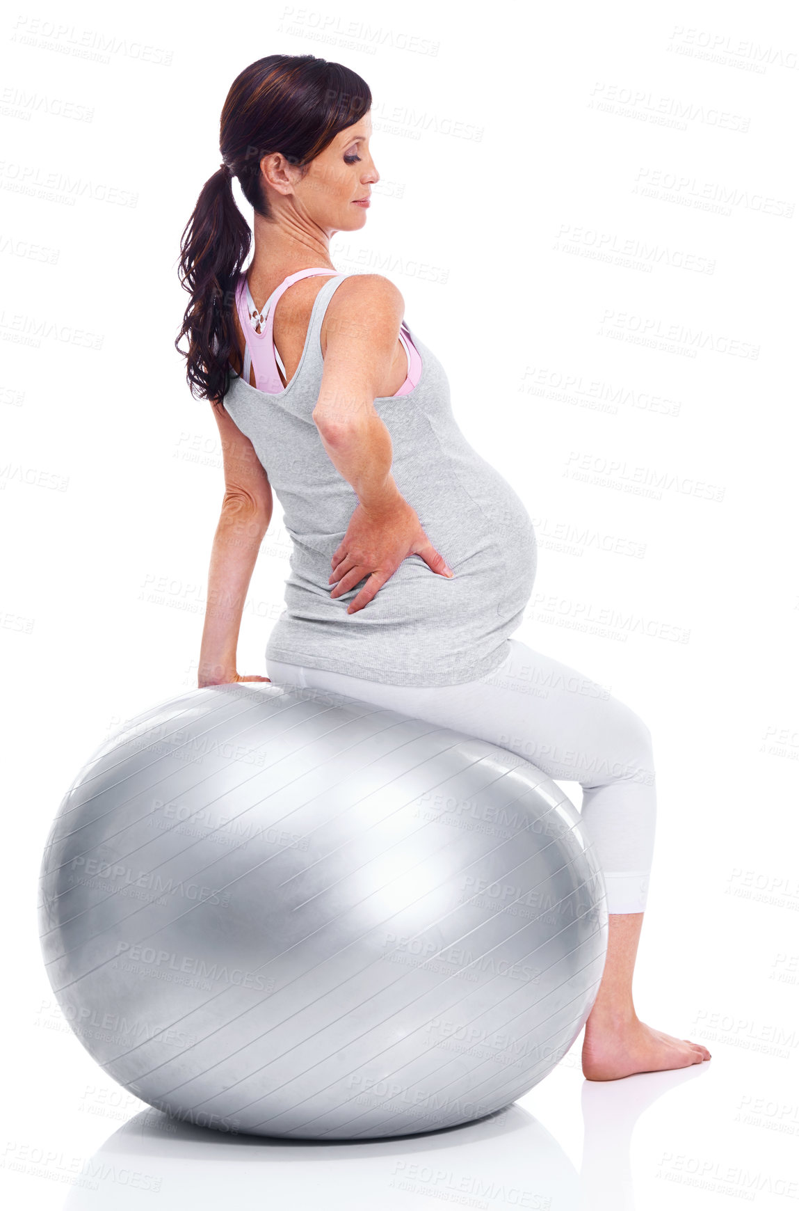 Buy stock photo Woman, pregnant and mother with ball for fitness, exercise and training in pregnancy on white background. Female person, expectant mom and model on pilates sphere for wellness, health and yoga