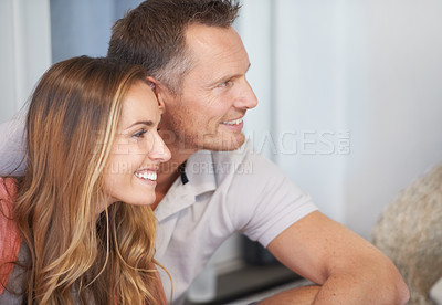 Buy stock photo Couple, happy and relax on patio, home and together with view in backyard on vacation with embrace. Man, woman and hug with care, bonding and connection with smile on break, holiday or house in Italy