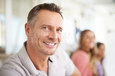 Buy stock photo Smile, portrait and man on sofa to relax in family home for weekend leisure, bonding and free time. Calm father, mother and child on couch for holiday, wellness and face of happy dad in living room.