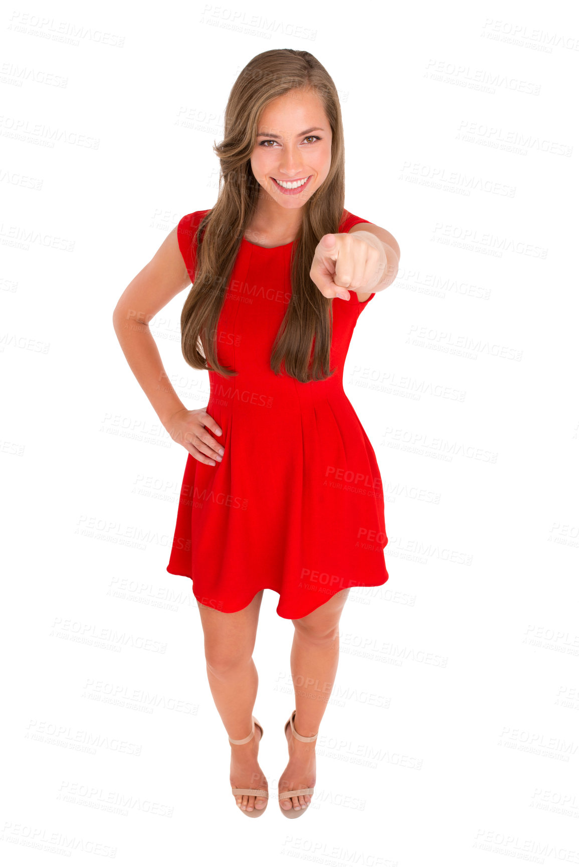 Buy stock photo Portrait, smile or woman pointing at you for choice, decision or hiring isolated on white studio background mockup space. Happy person, hand gesture or selection for opportunity, emoji or invitation