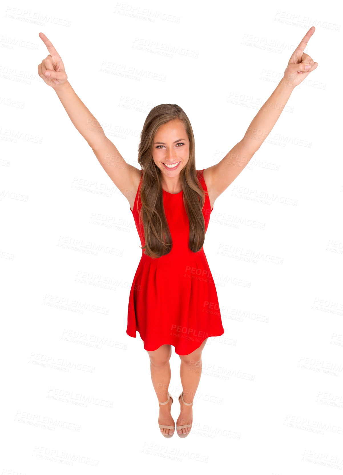 Buy stock photo Portrait, woman and hand for winner, success and achievement on mockup in studio on white background. Happy, female person or pointing for proud, excited or winning attitude in celebration of victory
