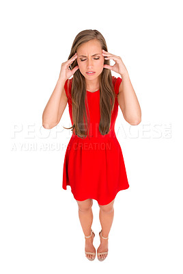 Buy stock photo Woman, headache and stress or pain in studio, burnout and worry for audit on white background. Female person, high angle and frustration for migraine, mental health and depression on mockup space