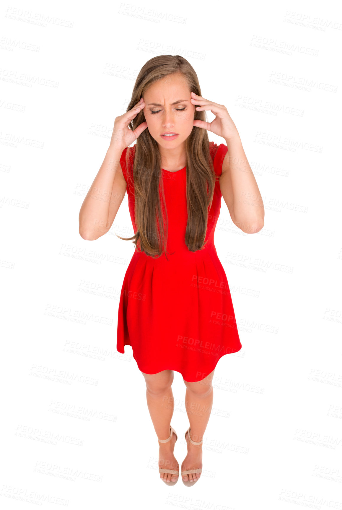 Buy stock photo Woman, headache and stress or pain in studio, burnout and worry for audit on white background. Female person, high angle and frustration for migraine, mental health and depression on mockup space