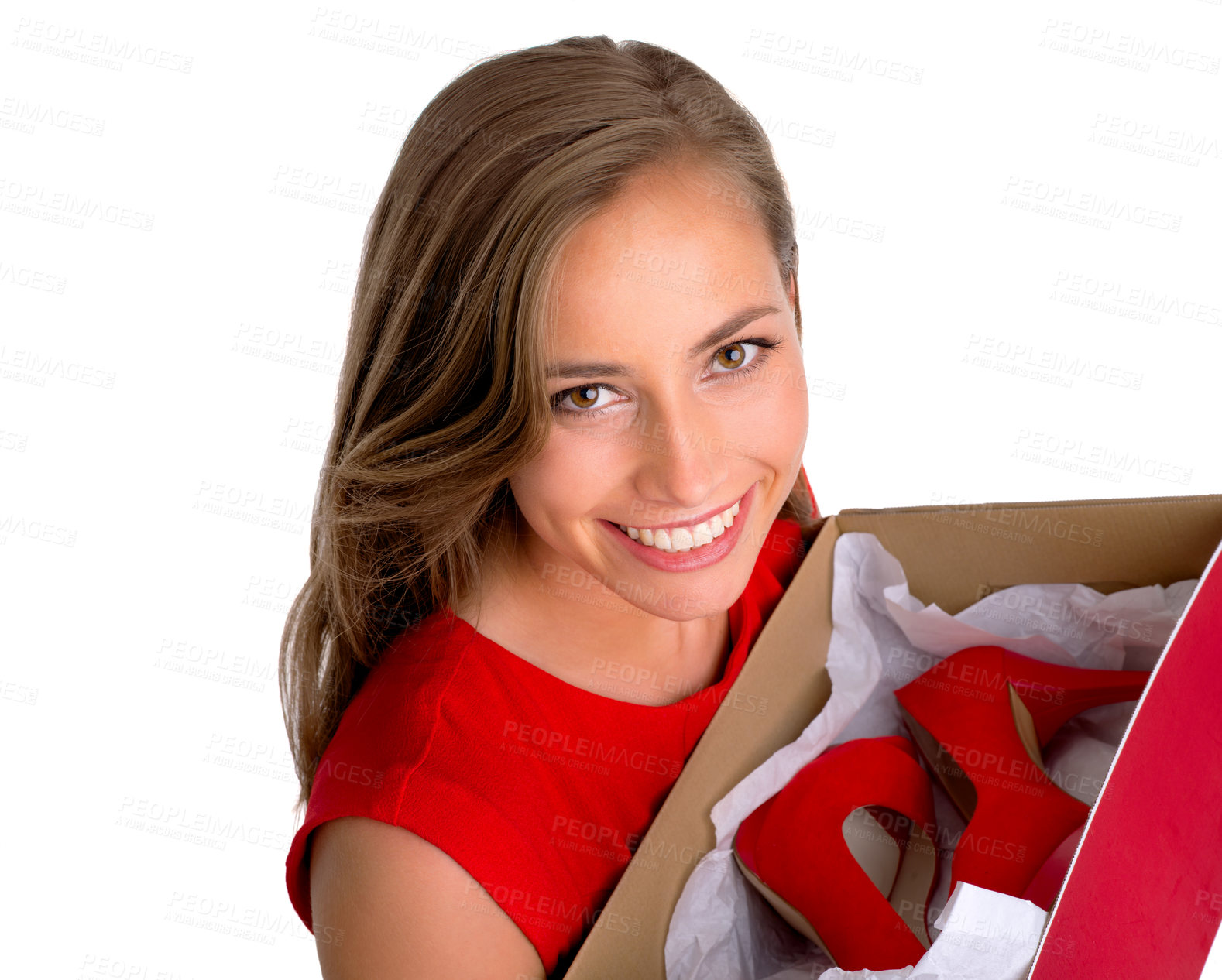 Buy stock photo Portrait, smile and woman with box of shoes for fashion isolated on a white studio background. Face, happy person and gift of high heels in package, present and model shopping for casual clothes
