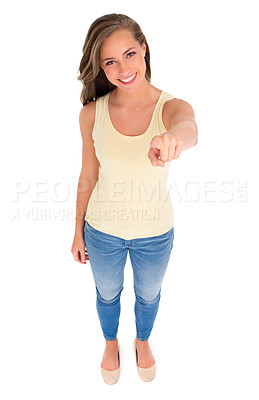 Buy stock photo Woman, portrait and pointing to show winner, opportunity or choice in studio with isolated white background. Top view, smile and female model for hand gesture, vote or information by mockup space. 
