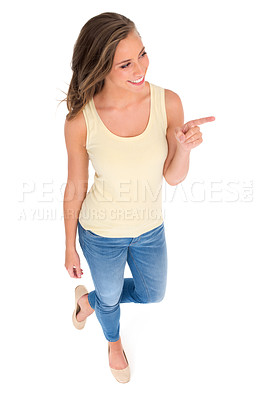 Buy stock photo Woman, fashion and pointing for recommendation, sale or discount in studio with isolated white background. Top view, hand gesture and happy model for advertising, marketing or promotion on mockup.