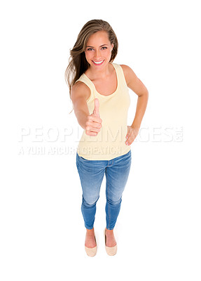 Buy stock photo Woman, smile and thumbs up for agreement, success or approval in studio with isolated white background. Top view, hand gesture and female model for like emoji, yes sign and confirmation on mockup.