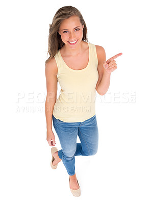 Buy stock photo High angle shot of a beautiful young woman standing against a white background