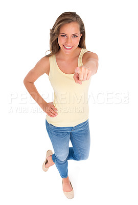 Buy stock photo Pointing, smile and portrait for woman in studio against white background for hand gesture and signal. Model, cheerful and isolated with jean and vest with finger for direction, order and sign