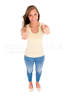 Buy stock photo Thumbs up, smile and woman for motivation, success or approval in studio with isolated white background. Top view, hand gesture and female person for agreement, like emoji and yes sign on mockup.