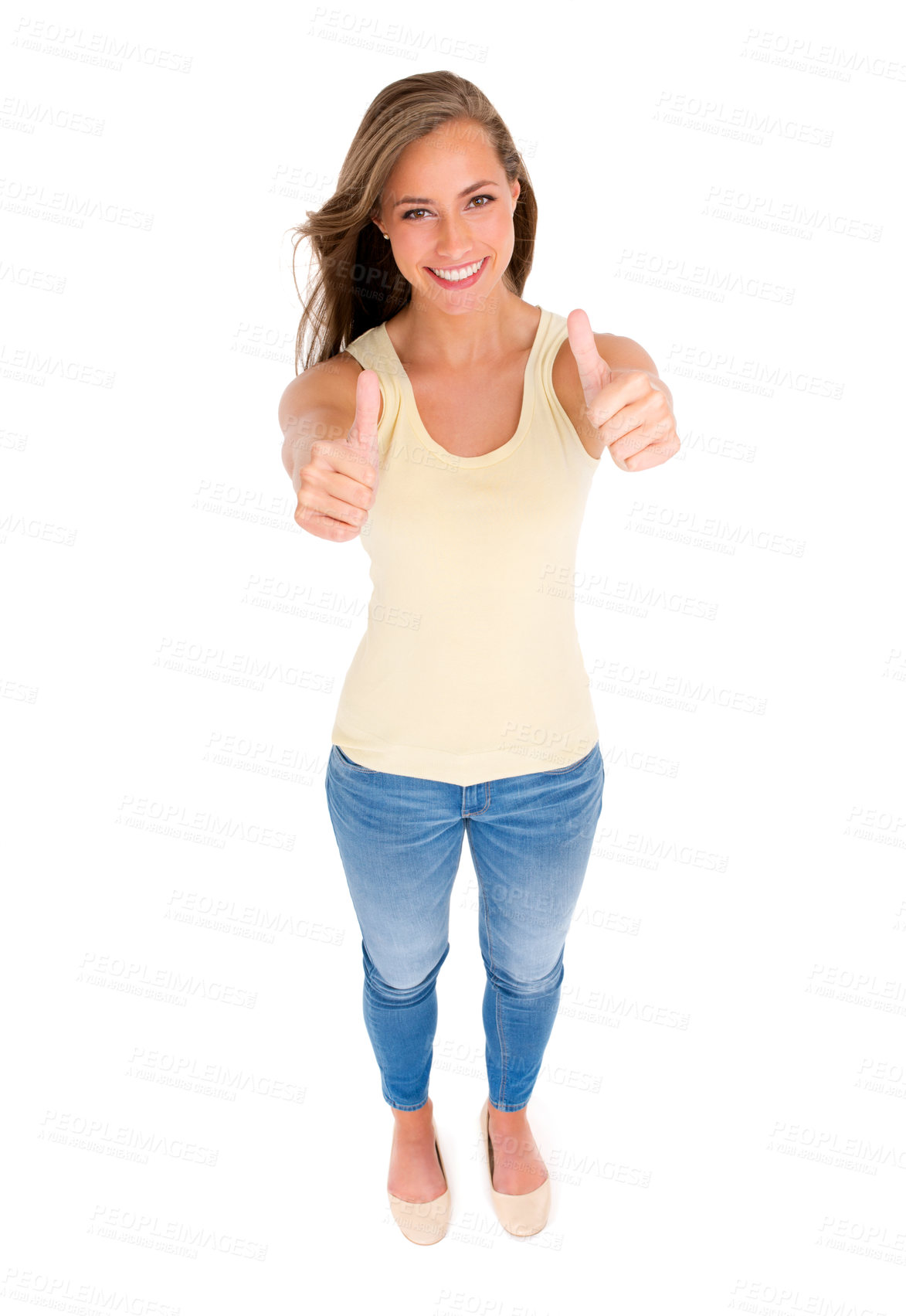 Buy stock photo Thumbs up, smile and woman for motivation, success or approval in studio with isolated white background. Top view, hand gesture and female person for agreement, like emoji and yes sign on mockup.