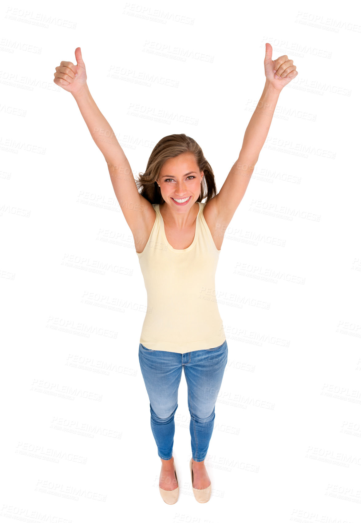 Buy stock photo Woman, smile and thumbs up for winning achievement, success or support in studio with isolated white background. Top view, hand gesture and female model for like emoji, agreement and yes sign.