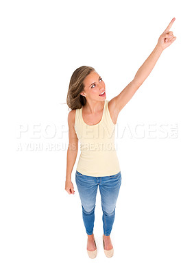 Buy stock photo Woman, fashion and pointing for promotion, sale or discount in studio with isolated white background. Top view, hand gesture and female model for advertising, marketing or announcement on mockup.