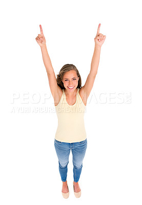 Buy stock photo Portrait, woman and pointing for discount, fashion deal or sale in studio with isolated white background. Hand gesture, top view and smile by female model for advertising news, promotion or offer.