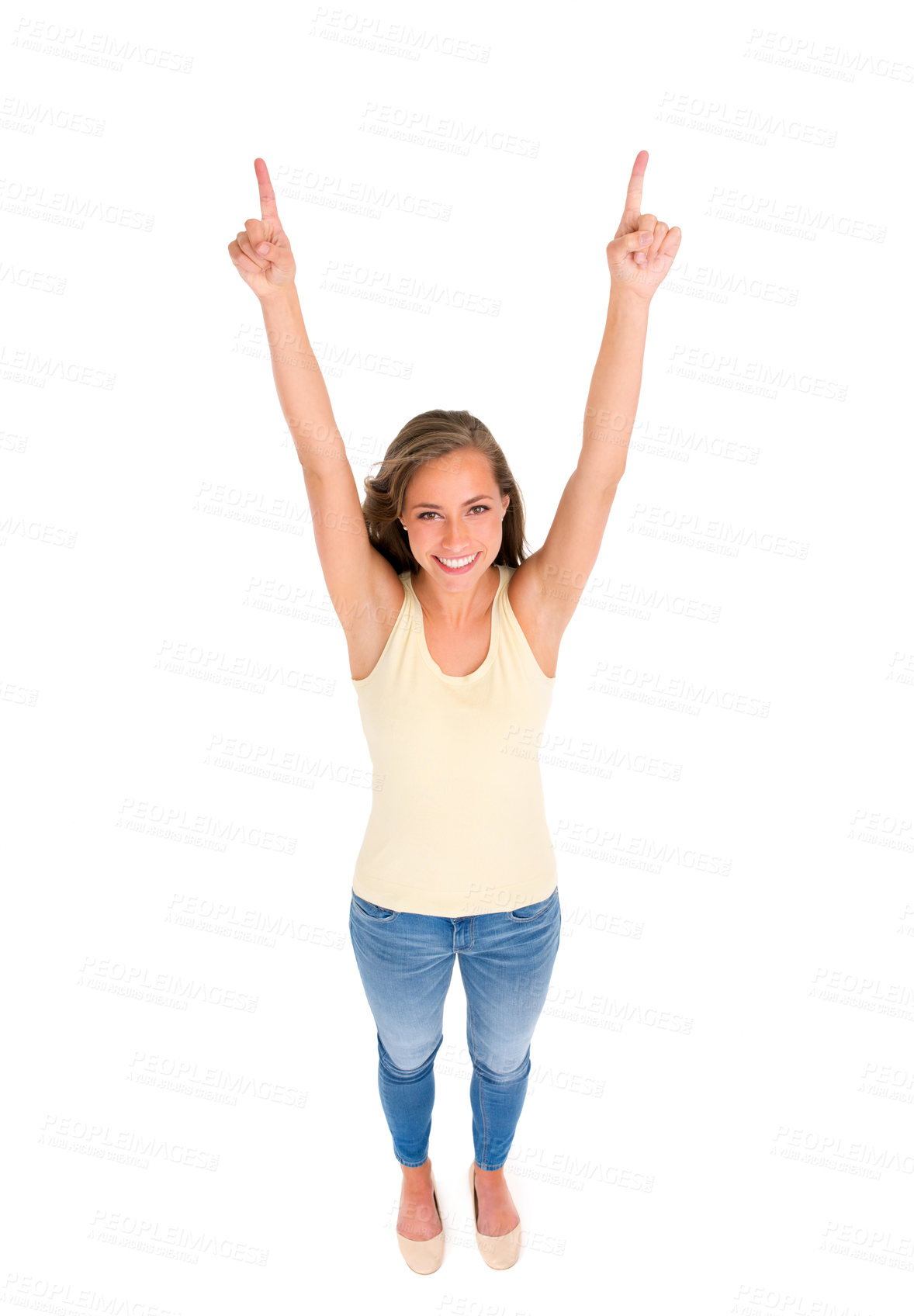 Buy stock photo Portrait, woman and pointing for discount, fashion deal or sale in studio with isolated white background. Hand gesture, top view and smile by female model for advertising news, promotion or offer.