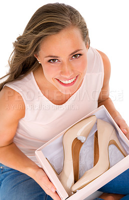 Buy stock photo Studio, portrait and woman with shoes from delivery in packaging, retail and stylish from store. White background, girl and female person as customer for fashion, shopping and relax on floor 