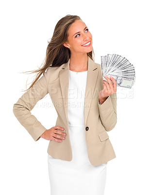 Buy stock photo Woman, thinking and investing fan of cash or money on studio, white background and mockup. Professional, person and dollars in hand from lotto, giveaway or profit from financial savings or budget