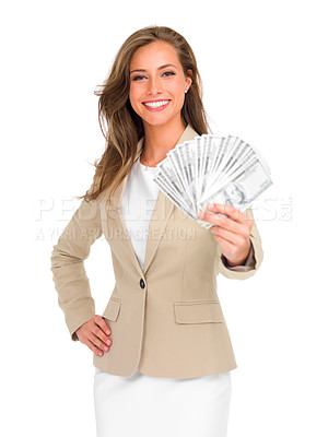 Buy stock photo Studio shot of an attractive young businesswoman holding a large sum of money isolated on white