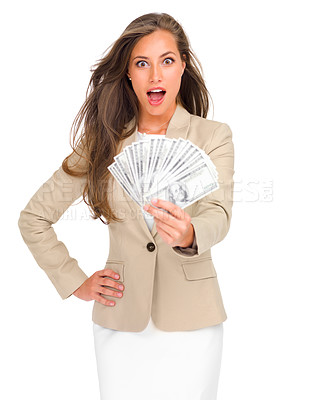 Buy stock photo Money, fan and portrait of woman with surprise for cash on studio, white background and mockup. Professional, person and dollars in hand for winning bonus, giveaway or financial success on investment