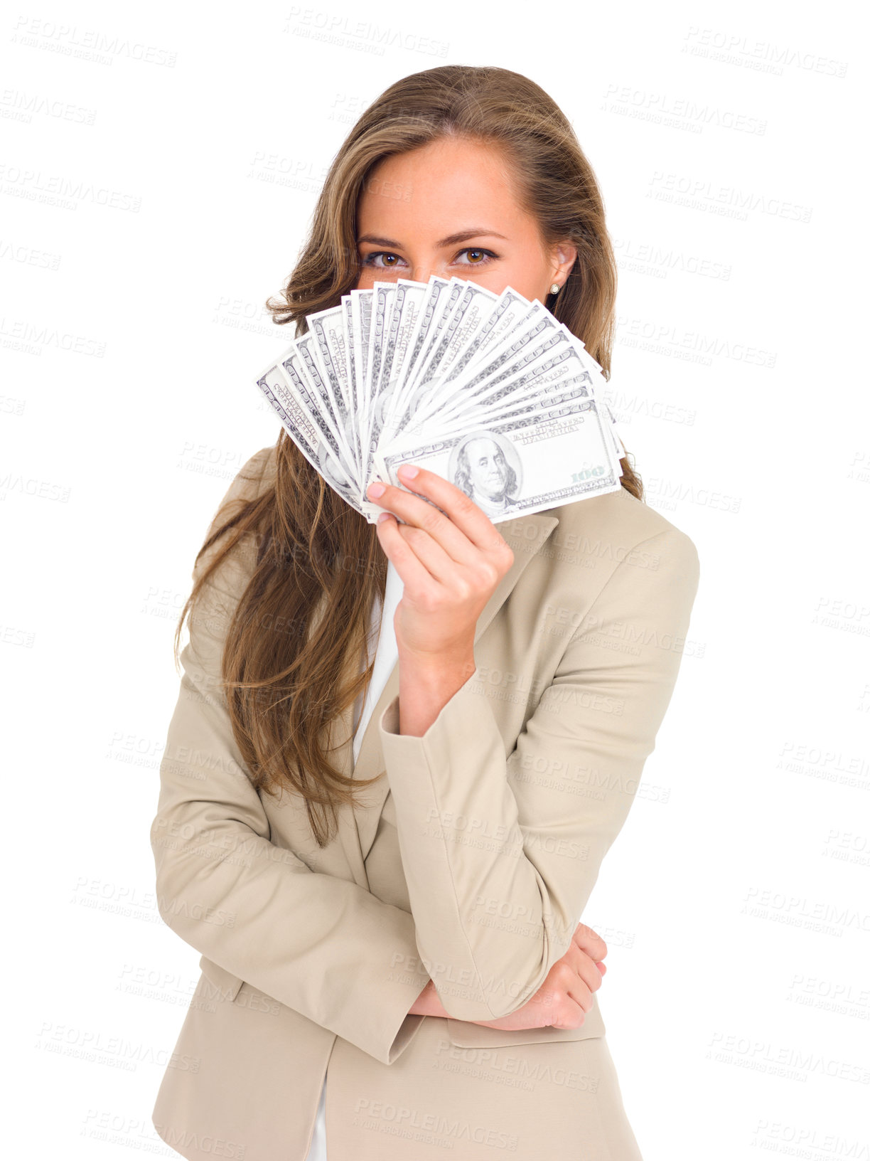 Buy stock photo Cash, fan and woman hide face with money on studio, white background and lottery mockup. Professional, person and dollars in hand from giveaway, profit or savings from financial success or investment