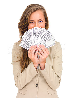 Buy stock photo Money, fan and woman hide face with cash on studio, white background and lottery mockup. Professional, person and dollars in hand from giveaway, profit or savings from financial success or investment