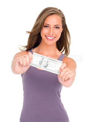 Buy stock photo Portrait, studio and woman with dollar smile from competition, winnings and prize of cash. Female person, happiness and money, exchange and income of payment from gambling in white background
