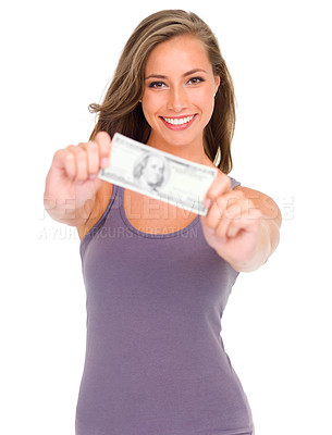 Buy stock photo Shot of a young woman holding a dollar bill isolated on white