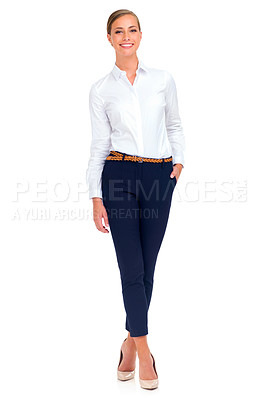Buy stock photo Full-length studio shot of an attractive young businesswoman isolated on white