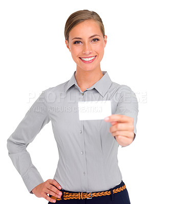 Buy stock photo Business woman, portrait and card for advertising, marketing or branding against a white studio background. Isolated happy female person, employee or model showing poster or placard for advertisement
