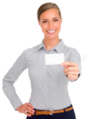 Buy stock photo Woman, portrait and business card for advertising, marketing or branding against a white studio background. Isolated happy female person, employee or model showing poster or placard for advertisement