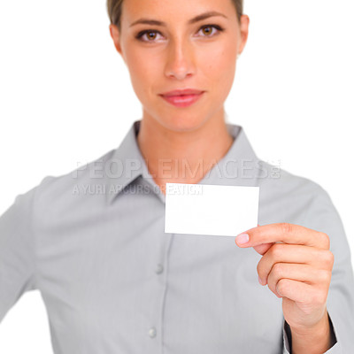 Buy stock photo Woman, confident and studio with blank card for business  marketing, contact and company logo on white background. Portrait, female person and entrepreneur with focus for display, details and work.