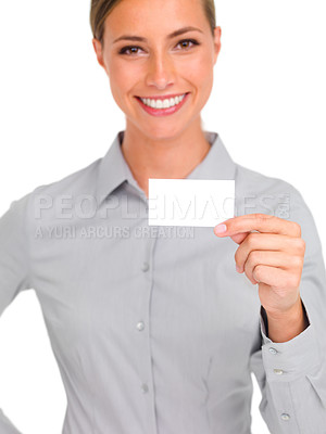 Buy stock photo Woman, portrait smile and business card for advertising, marketing or branding against a white studio background. Isolated happy female person or employee showing poster or placard for advertisement