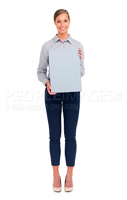 Buy stock photo Business woman, portrait smile and billboard for advertising or marketing against a white studio background. Isolated happy female person holding sign or poster for advertisement on mockup space