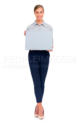 Buy stock photo Business woman, portrait and billboard for advertising or marketing against a white studio background. Isolated happy female person holding sign or poster with smile for advertisement on mockup space