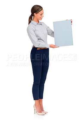 Buy stock photo Business woman, billboard and poster for advertising or marketing against a white studio background. Isolated happy female person holding sign or placard with smile for advertisement on mockup space
