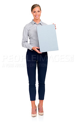 Buy stock photo Business woman, portrait and billboard in marketing or advertising against a white studio background. Isolated happy female person holding sign or placard with smile for advertisement on mockup space