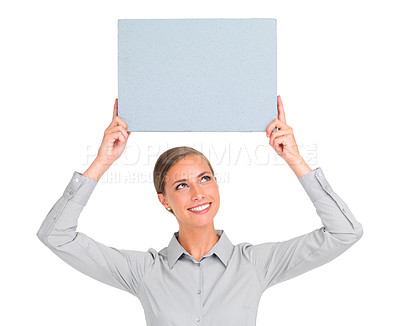Buy stock photo Happy woman, poster and business advertising, marketing or branding against a white studio background. Isolated female person with smile holding billboard or sign for advertisement on mockup space