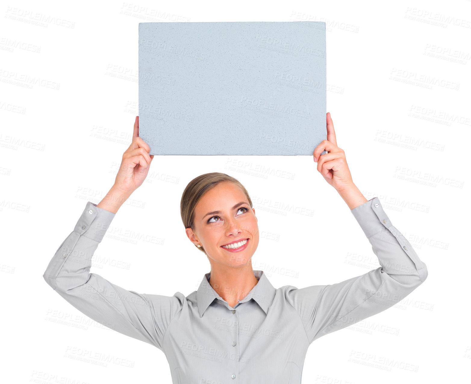 Buy stock photo Happy woman, poster and business advertising, marketing or branding against a white studio background. Isolated female person with smile holding billboard or sign for advertisement on mockup space