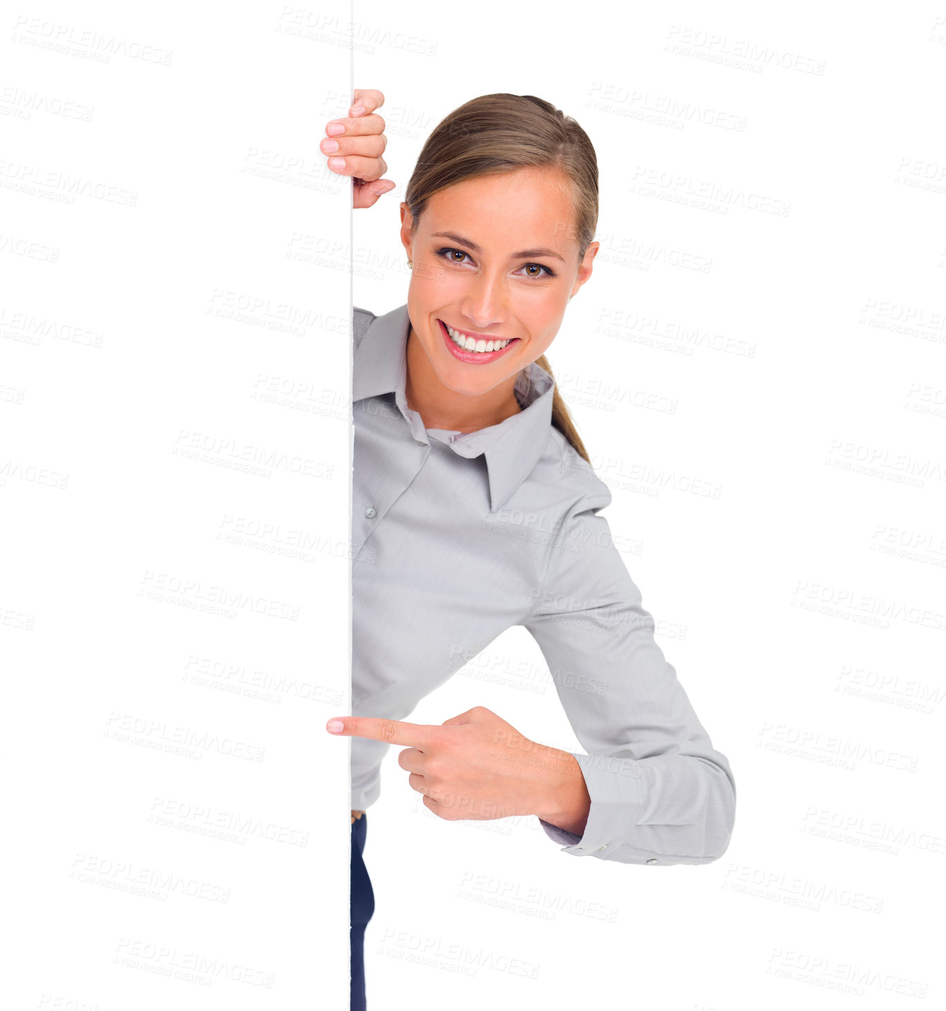 Buy stock photo Pointing, portrait and a woman with a poster for branding isolated on a white background in a studio. Mockup, happy and a brand ambassador with a gesture to signage space for an announcement