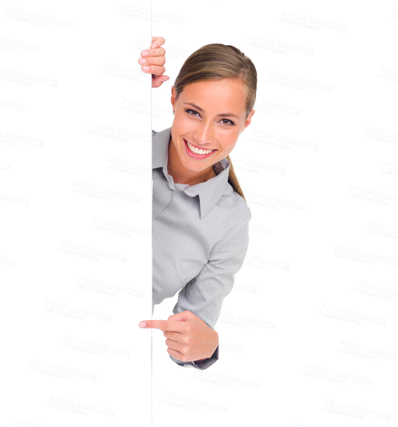 Buy stock photo Pointing, portrait and a woman with a poster for business isolated on a white background in a studio. Mockup, happy and a brand ambassador with blank signage space for advertising and marketing
