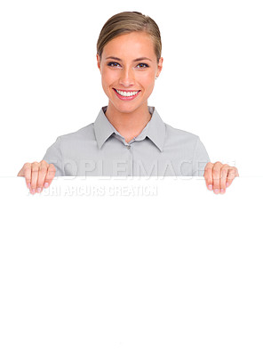 Buy stock photo Happy woman, portrait and billboard for advertising or marketing against a white studio background. Isolated female person smile with poster, sign or banner for business advertisement on mockup space