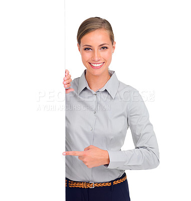 Buy stock photo Happy woman, portrait and pointing to billboard for advertising against a white studio background. Isolated female person smile with poster, sign or banner for business advertisement on mockup space