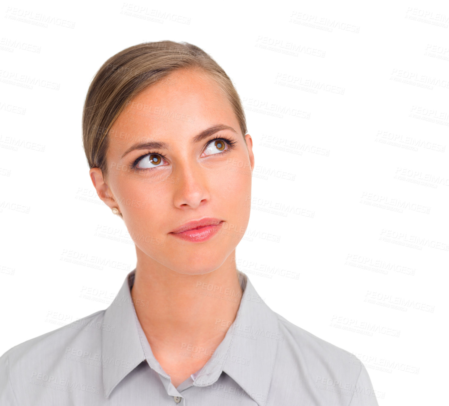 Buy stock photo Studio shot of an attractive young businesswoman glancing sideways isolated on white