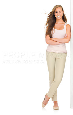 Buy stock photo Full-length portrait of a beautiful young woman in casual wear isolated on white