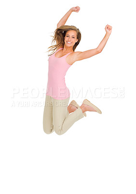 Buy stock photo Jump, celebration and portrait of happy woman in studio excited for competition, prize or results on white background. Energy, success and female model with wow news, winning or giveaway promotion