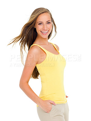 Buy stock photo Portrait of a beautiful young woman dressed in casual wear isolated on white
